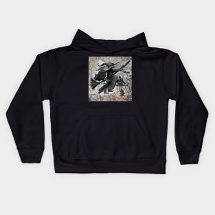 Creepy black and white scary Halloween witch on a broom Kids Hoodie
